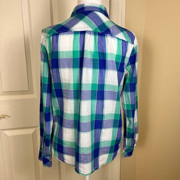 Talbots Spring Plaid Button Down Shirt Ruffle Size Medium Petite EUC - Picture 3 of 6